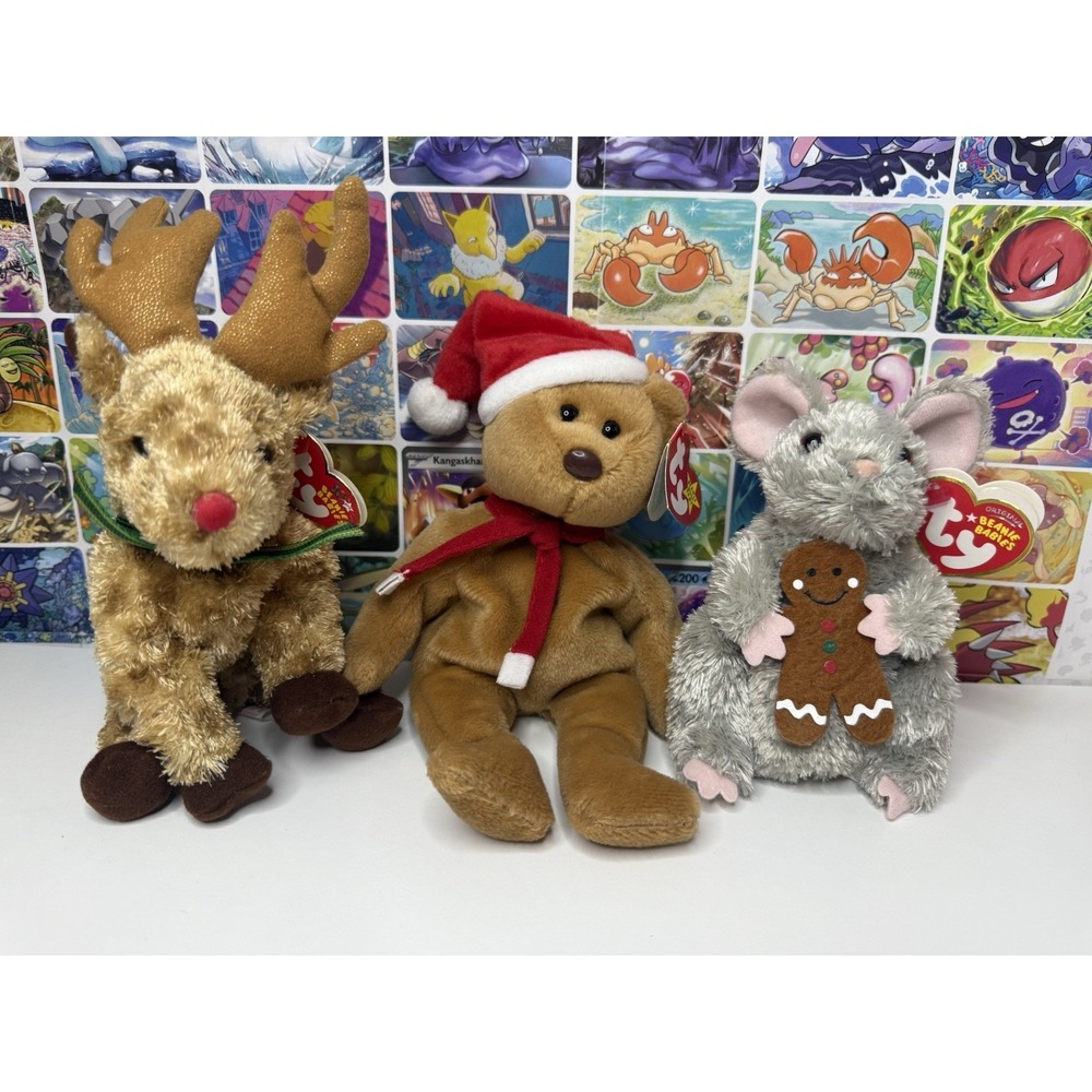TY Beanie Babies Christmas Plush Lot‎ Teddy Rudy Reindeer Stirring Mouse